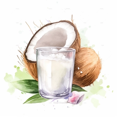 create a beautiful high quality high detail highly saturated watercolor clipart disney style illustration of a GLASS OF COCONUT MILK, NO TEXT, NO FONT, NO WATERMARKS, WHITE BACKGROUND