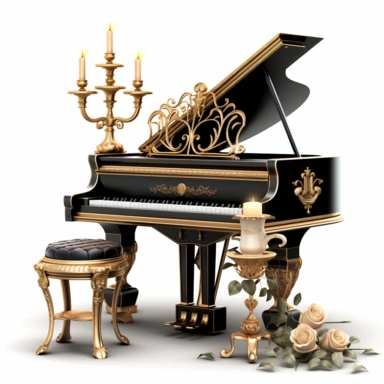 luxury gold piano with a seat,black roses and jewel,candle and one music book digital clipart on white background--s 1000