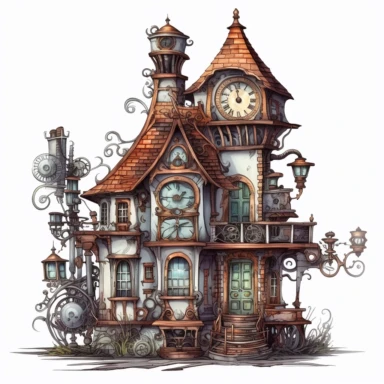 scary horror Steampunk one house Clipart, Retro Futuristic Victorian Era Art, white background