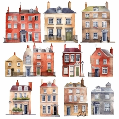 watercolor london town houses , illustrations clipart set, simple, , cartoon elements ,different variants , separate elements with a margin