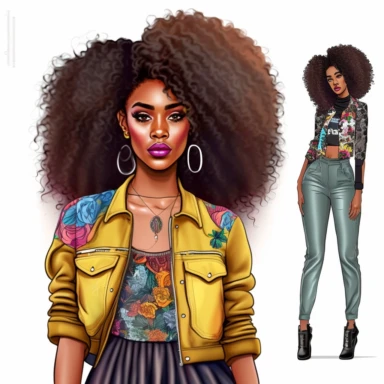 stunningly beautiful full body afican american woman clipart with voluminous curly hair wearing a fashion nova outfit??? , fashionable, isolated design, clipart image inspired by Hui Mu