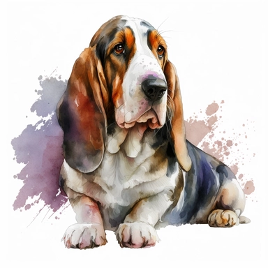 a watercolor painting of a Basset Hound, clipart, white background