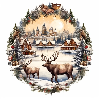 vintage design, advent wreath around, christmas theme oil paining Cute santa claus wearing Clipart Collection in beautiful winter landscape with a lot of snow and a small lake and a small town with church, moose, advent wreath around, christmas theme, detailed, isolated, white background, one pattern
