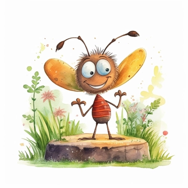children book illustration. cartoon mosquito happy in a garden. Watercolor clipart. Pixar animation