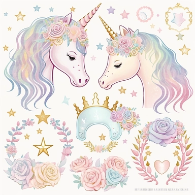 a collection of 3 rainbow pastel unicorn, princess tiara, rainbow, gold star, pink star, hearts, flowers, roses, plastercine, soft watercolour light, clipart svg white background