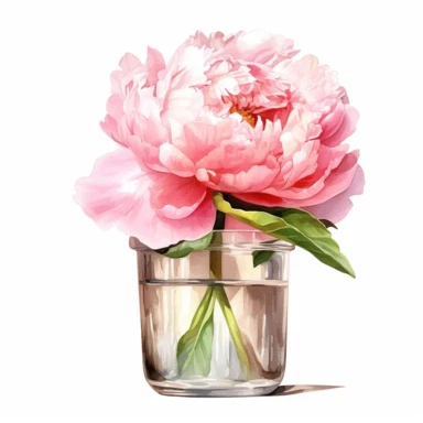 One Peony in Glass Vase Clipart on a white background, in the style of hyperrealistic illustrations, white and pink, realistic watercolor paintings, holotone printing, precise perspective, high resolution, les nabis, no watermark, text, words, paintbrush, typography , the images don't stick together, no words in the vase