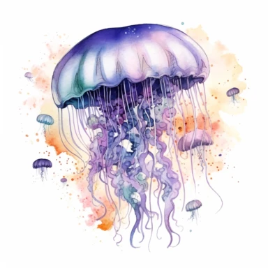Whimsical Jellyfish, fantastical marine setting, clipart, watercolor style, white background