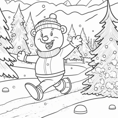 Coloring book page for kids, a Christmas tree, cute little bear in human costume, wearing Christmas hat, laughing, running on ski over the snow, clipart, cartoon kids style hand drawn line art, black and white