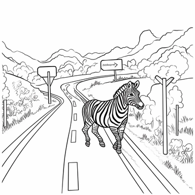 Draw a clipart-style black and white illustration for a children's coloring book depicting the following anecdote: The Zebra Crossing helps us cross the road safely, always remember to use it! ???. Use simple outlines and bold lines, and make sure to leave some space for children to color. Add a simple and linear black and white background that fits the anecdote and is suitable for coloring.