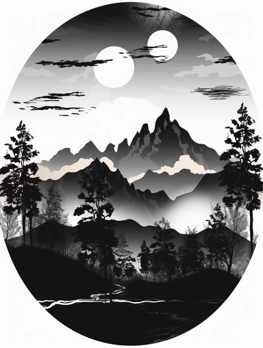 mountain silhouettes download cliparts, in the style of bob ross, alex katz, tattoo-inspired, birds-eye-view, wood, black and white contrast, charles addams