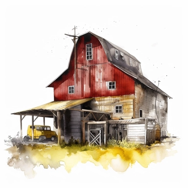 barn house, yellow, red, dark brown and black color theme, octane rendering, clip art, white background, watercolor art