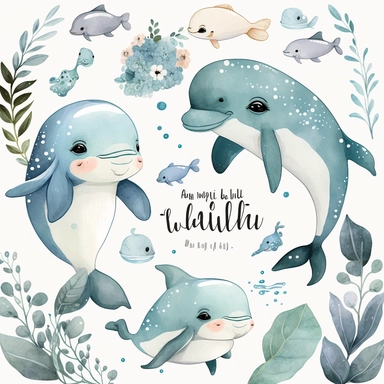 Cute Baby Dolphin Watercolor Clipart Set Kawaii Dolphin Adorable Baby Fish