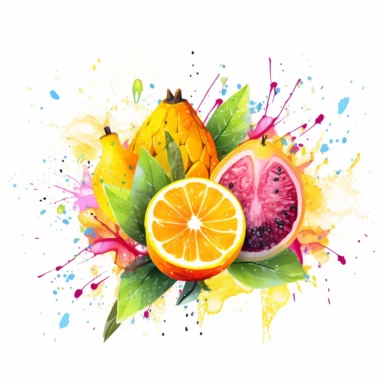 tropical fruits with splashes of juice on white background. Clipart