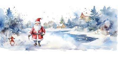 christmas theme Watercolor Cute santa claus wearing red & blue Clipart Collection in beautiful winter landscape with a lot of snow and a small lake, christmas theme, detailed, isolated, white background, one pattern,