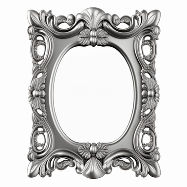 A single vintage silver frame clipart with a glossy, reflective finish and a rounded rectangular shape. The intricate details of the frame are highlighted by the shine of the silver, creating a modern and sleek look. The background is a soft gray with a subtle texture, adding depth and dimension to the design. [1], [2], [3], [4], photography, Close-up macro photography with a wide-angle lens, creating a shallow depth of field and emphasizing the intricate details of the frame. Shot on a Canon EO