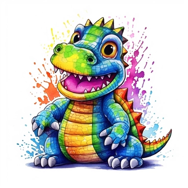 cute cartoon rainbow alligator, illustration clipart, detailed, black outline, white background, digital art, watercolor