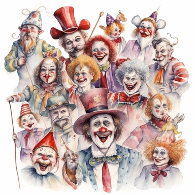 hand drawn vintage circus clowns acting silly , glamorous, soft, detailed and realistic, watercolor, clipart style, white background with margins