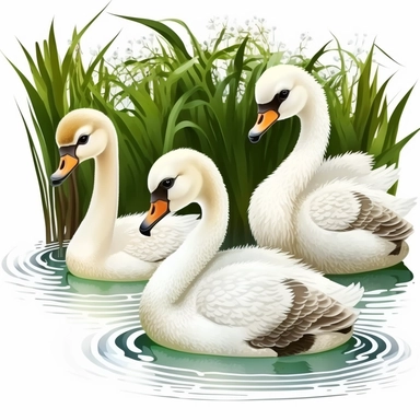 swan babies in their habitat clipart, white background