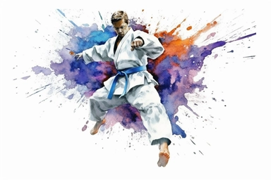 Watercolor, Create a picture of a judo fighter executing a well-executed throw clipart, hd, on a white background, spaced out