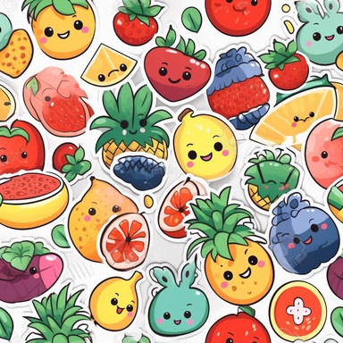clipart stickers for happy fruit desgins, cartoon, 8k, white background, stickers, apples, bananas, Oranges, Grapes, Strawberries, blueberries, pineapples, mangoes, watermelons, Kiwis