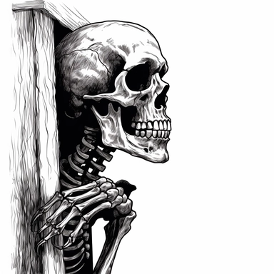 clipart, skeleton looking around corner, spooky, black vector lines, white transparent background