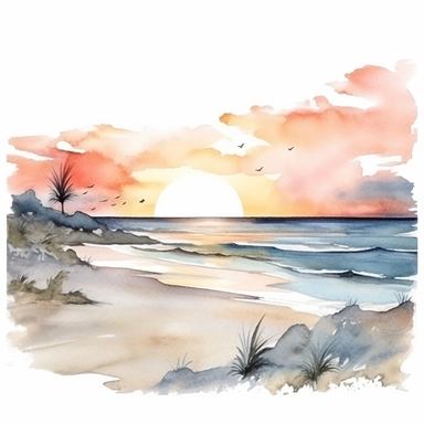 Clipart on white background Beach lanscape muted at Sunset water color