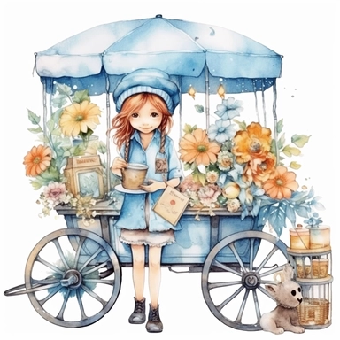 free watercolor and flower cart clipart, free png files, in the style of claudia tremblay, candycore, light azure and bronze, uhd image, caffenol developing, kris kuksi, toyen