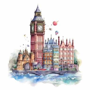 Very very cute and Whimsical quirky houses, London, Big Ben, Thames River, rainy day, Watercolored illustration in the style of Michael Powell, clipart, white background
