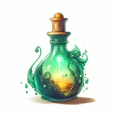 magical potion bottle, magical and mystical, video game style, clean and crisp, clipart, illustration, alchemical, smoke and embelishments, wizards potions, isolated on white background