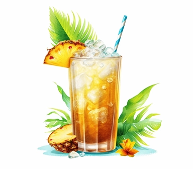 Watercolor clipart of summer drink, Piña Colada: A tropical cocktail made with rum, pineapple juice, and coconut cream. Served chilled with ice, it evokes a sense of relaxation and summer vibes, intricate details, vector, hyperrealistic, white background, no splashes, no text, no watermark