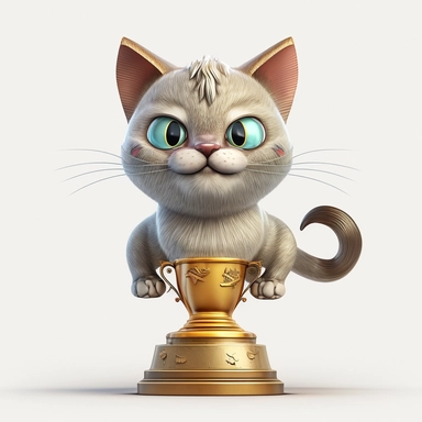 Cute pixar trophy cat, colourful illustration, high definition, 8k, very detailed, fine detail, sharp focus, illustration, white background, clipart