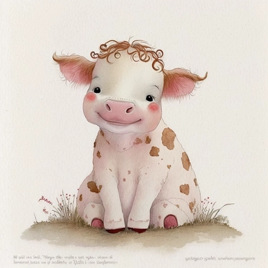 Cute - french style sitting baby cow smiling clipart, pink red hairclip in her hair, 1960, in the style of realistic watercolors, childlike innocence and charm, adorable eyes, rosy cheeks, shy posture, feminine sensibilities, realistic drawing in storybook illustration, pencil drawing by Angela Barrett, Elsa Beskow 300 DPI, valentines day themed, white background