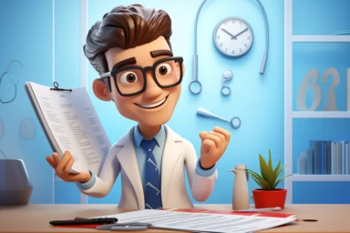 3D rendered cartoon character of a smart doctor wearing glasses, confidently giving a thumbs up. Set against a vibrant blue background, perfect for medical clip art or health-related designs , Transparent white background, png, stock photo, high resolution,