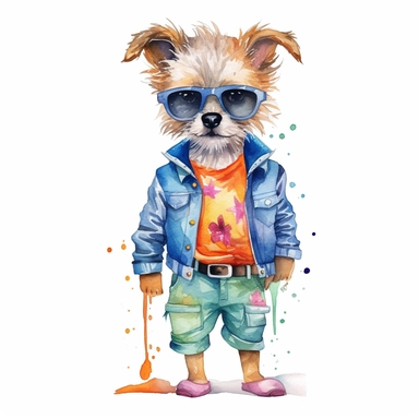 a cute clipart,unique outfit , different breed , full body , unique pose, unique outfit , white background , watercolors image, unique and vibrant , no other elements, clean shapes ,center and middle, cute