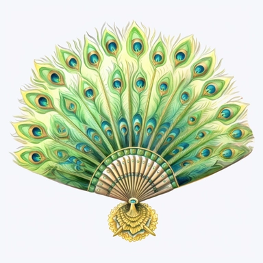 a light green hand fan made of peacock's feathers ,floral,soft tone, in the style of James Christensen, clipart, fantasy, watercolor illustration ,hand drawn, hd, single object, print on demand image, PNG transparent background, , 8k ,white background for removing background - - no text shadow font watermark