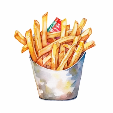 watercolor detailed illustration of French fries in a paper cone, clipart, white background