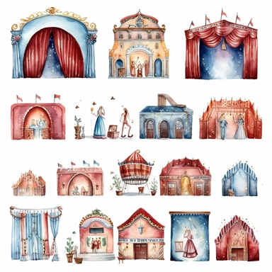 watercolor 1910s 1920s 1930s 1940s theatre stage, illustrations clipart set, simple, , cartoon elements ,different variants ,shows,separate elements with a margin