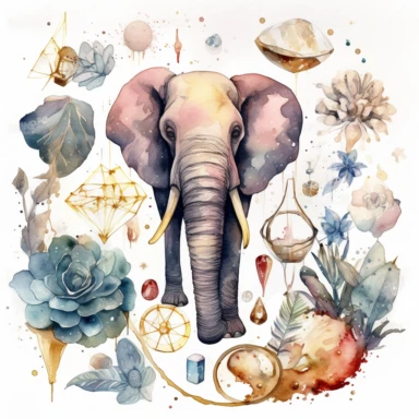 Watercolor clipart, Gems, crystals. Abstract elephant with space inside, galaxy, stars, detailed human heart. ornamental watercolour of a gears, studio light, quill pen. Ink splatter. A still life of broken glass, in the style of Jan van Huysum’s paintings, with a lush arrangement of plant life from africa, surrounded by delicate gold. Minimal design, symmetrical, line, dots. White background. Twisted realisty, surreal still life, dreamlike. Deep rich colour, detailed. In a compass shaped cricle