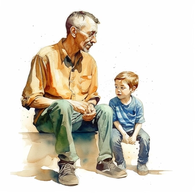 DESIGN A MAGNIFICENT AND EXQUISITE BREATHTAKING ONE-OF-A-KIND HIGH QUALITY HIGHLY DETAILED MASTERPIECE WATERCOLOR CLIPART ILLUSTRATION OF A small boy and a FATHER, in the style of realistic watercolors, free-associative, airbrush art, scoutcore, animated gifs, marine painter, realist-portraits, ULTRA REALISTIC, PHOTO REALISM, WHITE BACKGROUND, NO FONT, NO TEXT, NO WORDS, NO WATERMARK