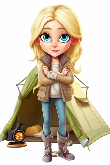 pretty mom blonde hair in a camping outfit, cartoon style, clipart, white background, transparent background