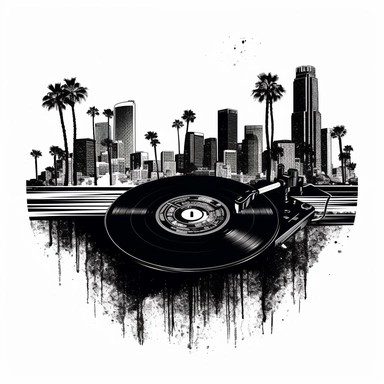black and white t-shirt designs for Dj Bojkot vector sample with turntable , vinyl records, Los Angeles California backgrund white transparent clipart svg png cut