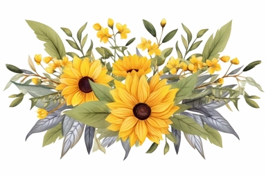 Sunflower and eucalyptus leaves bouquet. Watercolor floral clipart. Yellow flowers for rustic wedding design, thanksgiving decoration, fabric, greeting cards. Isolated on transparent background