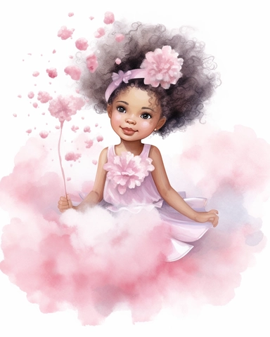 drawing watercolor clipart for a girl nursery of a beautiful african american ballerina with pink flowers in her hair, sitting on a cloud in her pink ballerina clothes smiling, whilst sprinkling pink flowers. 8k.