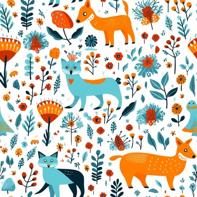 collection of free clipart of creatures, animals and flowers, in the style of light blue and amber, allover composition, joyful celebration of nature, 20th century scandinavian style, forestpunk, feminine sticker art, white background, seamless repeating pattern