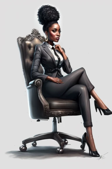 beautiful african american woman, lady boss sitting in a high back office executive chair, girl fashion clipart, white background, 4k, trending on artstation, zbrush, cinematic, soft bright lighting