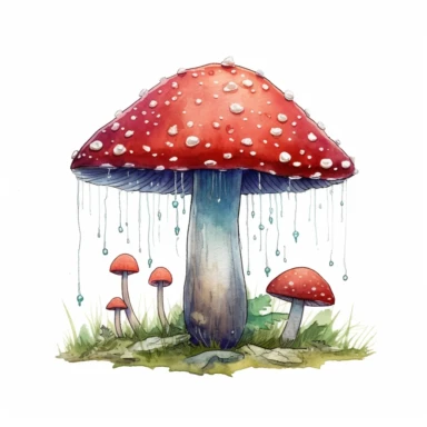 watercolor, hyper realistic, white background, white margins, 16k, ultra detailed clipart, cut out image, hand-drawn, whimsical manhwa style, ultra HD, sharp and clean art a whimsical mushroom with a tall, slender stem and a large, vibrant cap adorned with intricate patterns and colors. Add whimsical details like sparkling dots or stars on the cap to give it a magical touch.