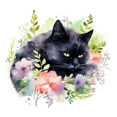 Cute Beautiful Lazy Black Cat Sleeping On Flower Watercolor Sublimation Clipart,Cartoon,hyper realistic, intricate detail, illustration style,high solution,on the white background