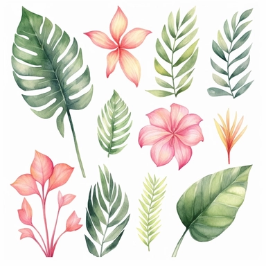 Tropical Watercolor Clipart, Tropical Leaves Flowers, Green leafs, Palm Leaf, pink tone, on the white background