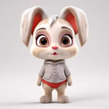 Front view of animated big-eyed little rabbit standing wearing t-shirt character design, full body, face drawing in top quality, high quality face drawing, clipart, full illustration, 4k, sharp focus, Soft skin, symmetrical, detailed face, concept art, storybook style, chibi kawaii. Octane rendering, 3D, perfect face, detailed face, delicate face, sharp lips. perfect, detailed eyes