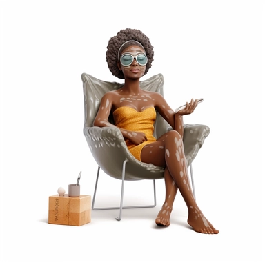 clipart of latina african american woman sitting with clay face mask on, sitting in a spa chair, hyperrealistic, white background
